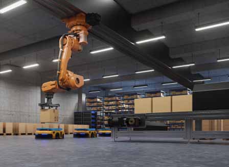 A robot arm handling packages at a warehouse