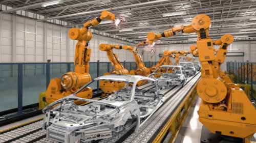 Futuristic Robotic Assembly Lines With Robots Assembling Machines Stock