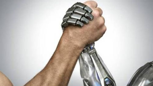 Robot and human arms in an arm wrestle