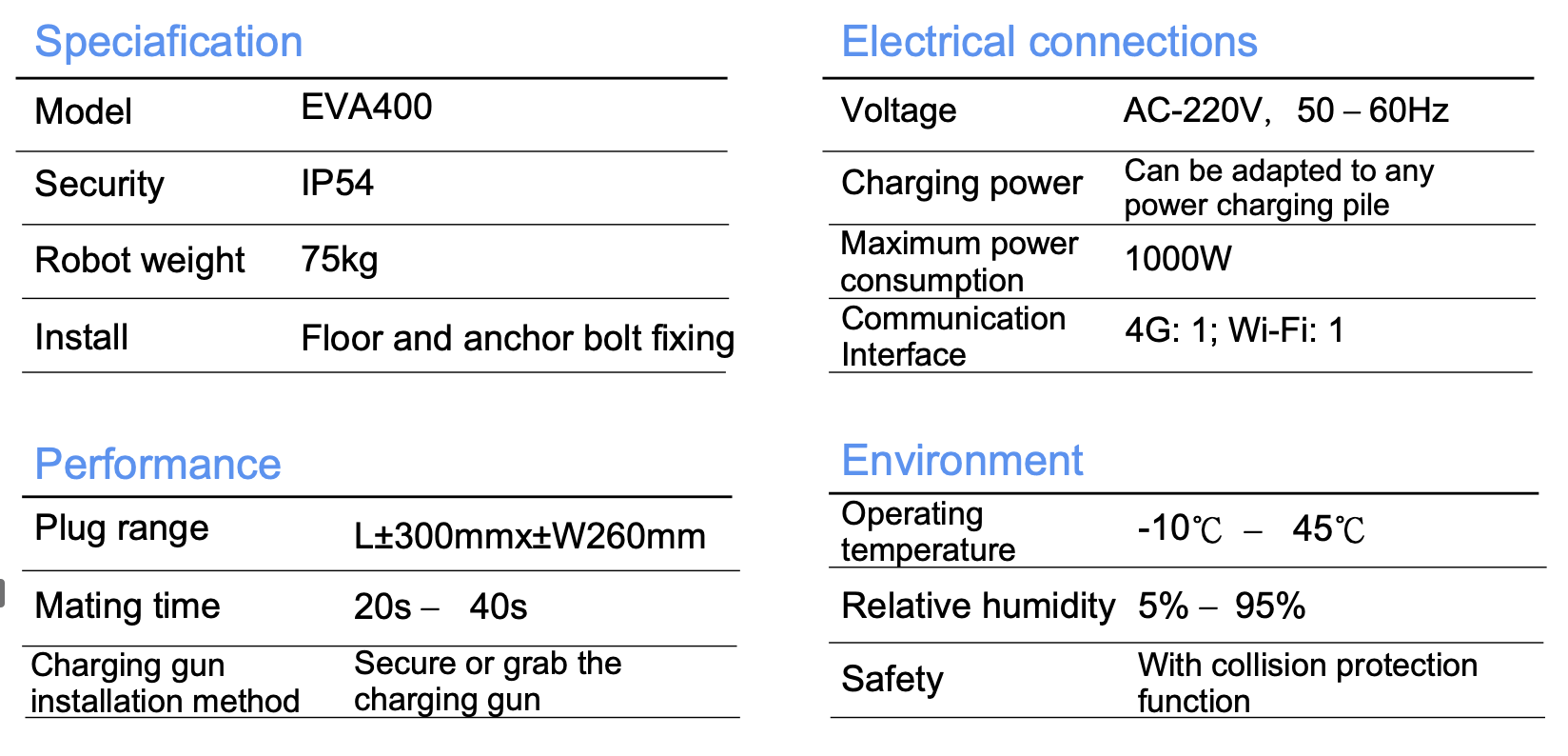 EVA400 Automatic Charging Robot Performance Parameters