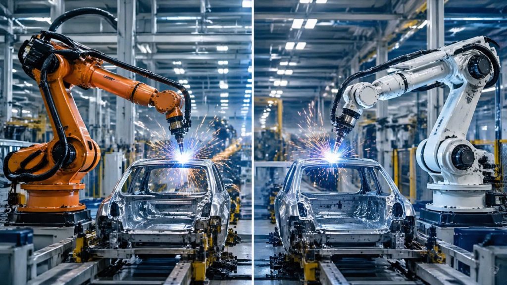 Chinese and European industrial robot arms working side-by-side in a modern factory