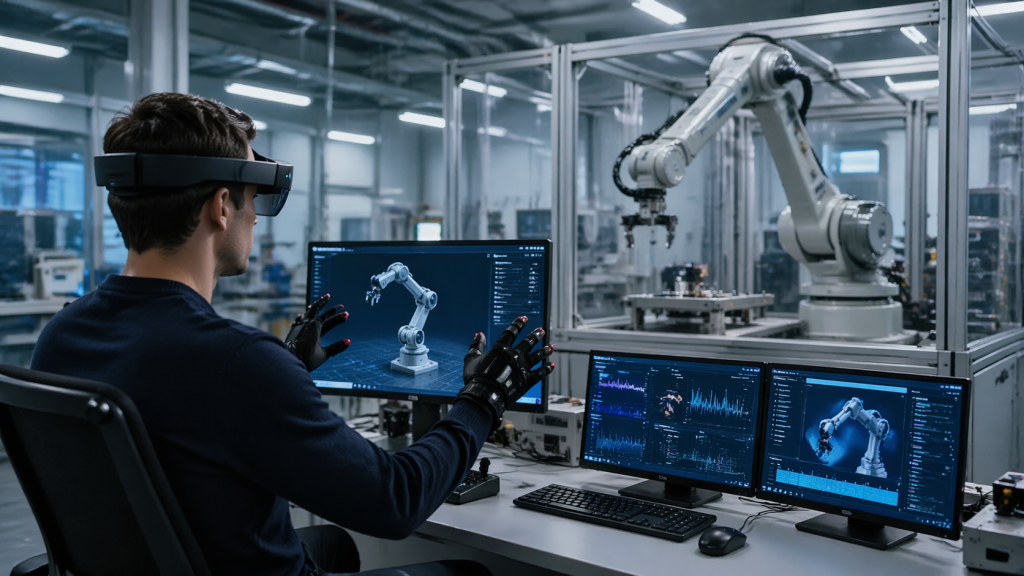 Engineer teleoperating an industrial robot while collecting embodied AI training data