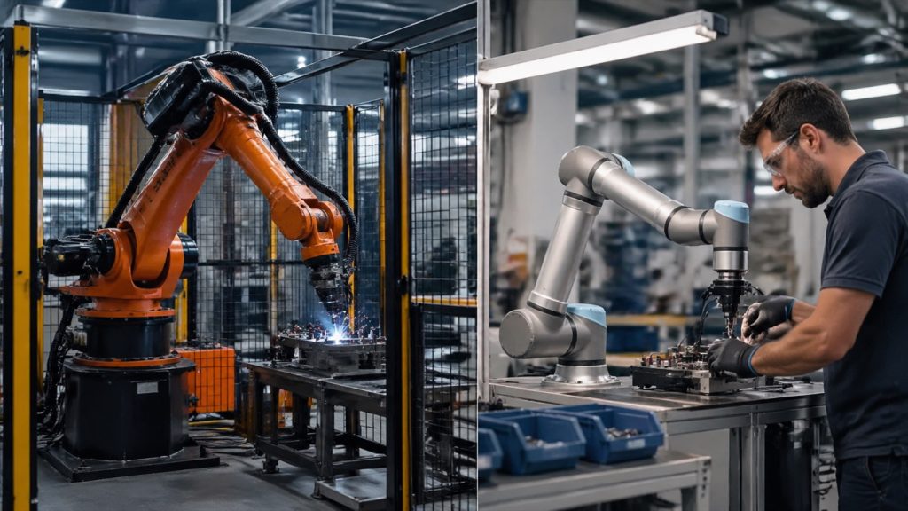 Industrial robot arm and collaborative robot compared in modern factory workcells