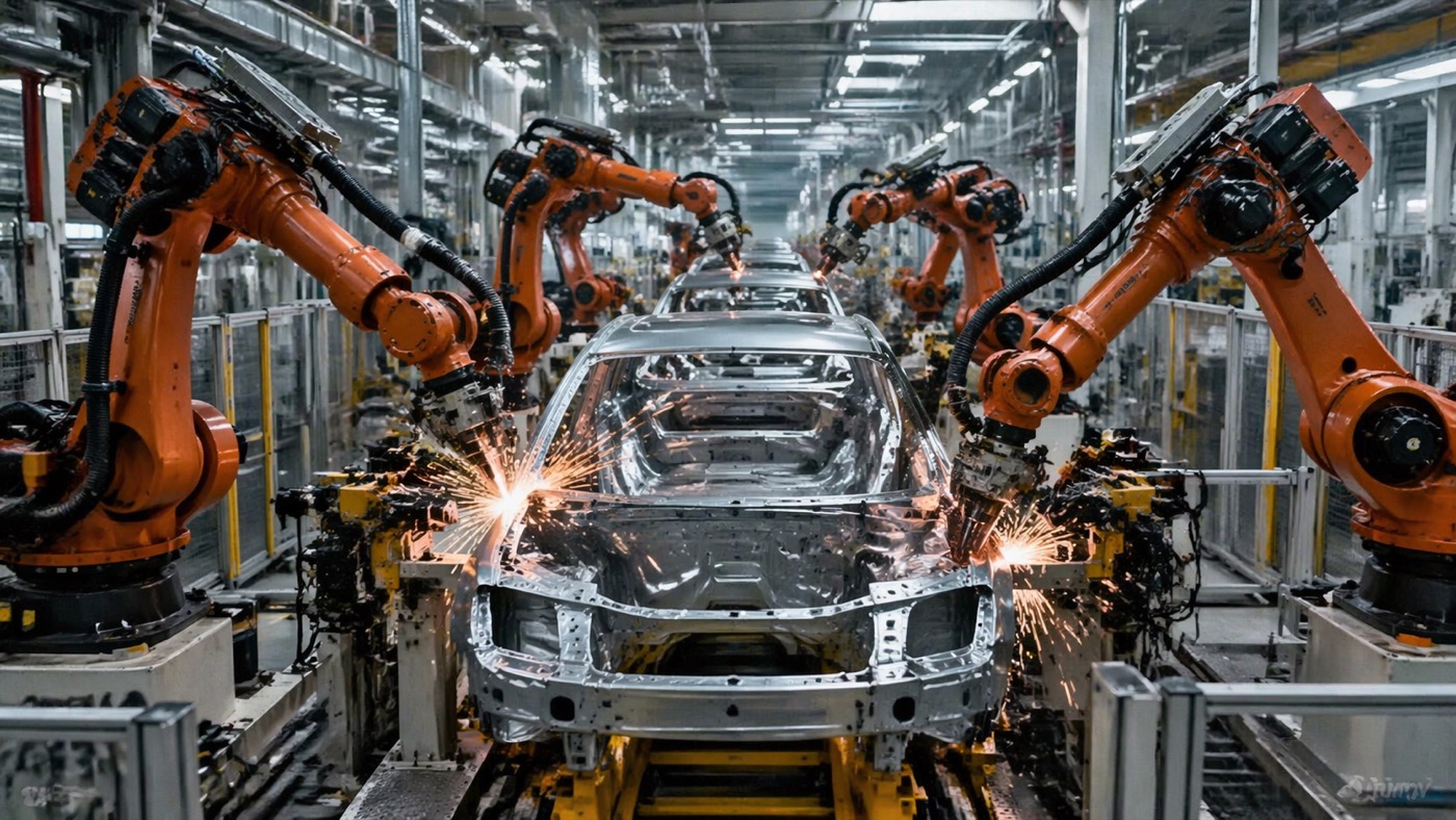 Automotive welding robots working on a body-in-white manufacturing line