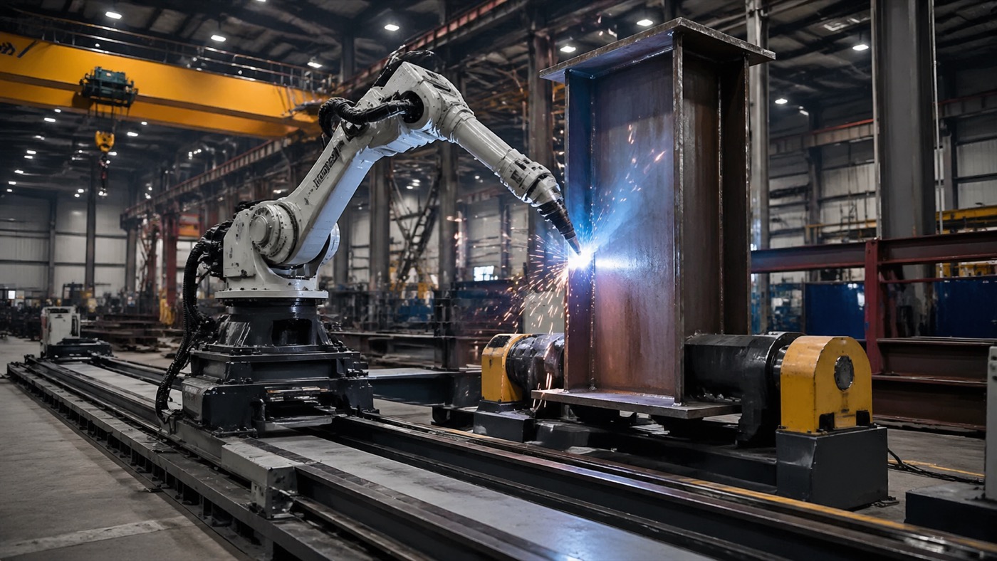 Heavy welding robot on a linear track welding an I-beam column in a steel fabrication shop