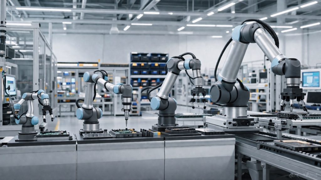 Collaborative robot arms arranged in a modern factory for cobot manufacturer comparison