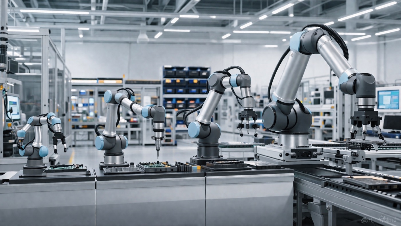 Collaborative robot arms arranged in a modern factory for cobot manufacturer comparison