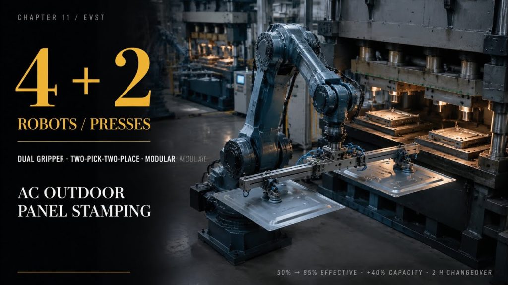 Four robots transferring air conditioner outdoor panels between heavy presses on a stamping automation line