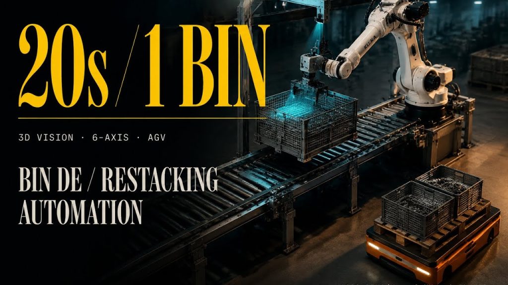 3D vision-guided six-axis robot handling bins for de-stacking and restacking with AGV pallet transport