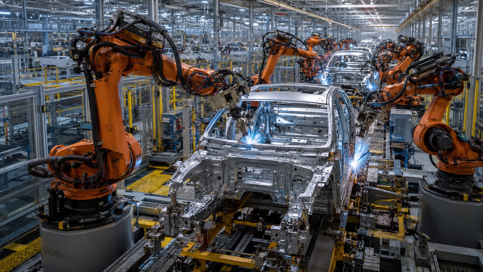 Six-axis industrial robots welding car bodies in a modern Chinese factory