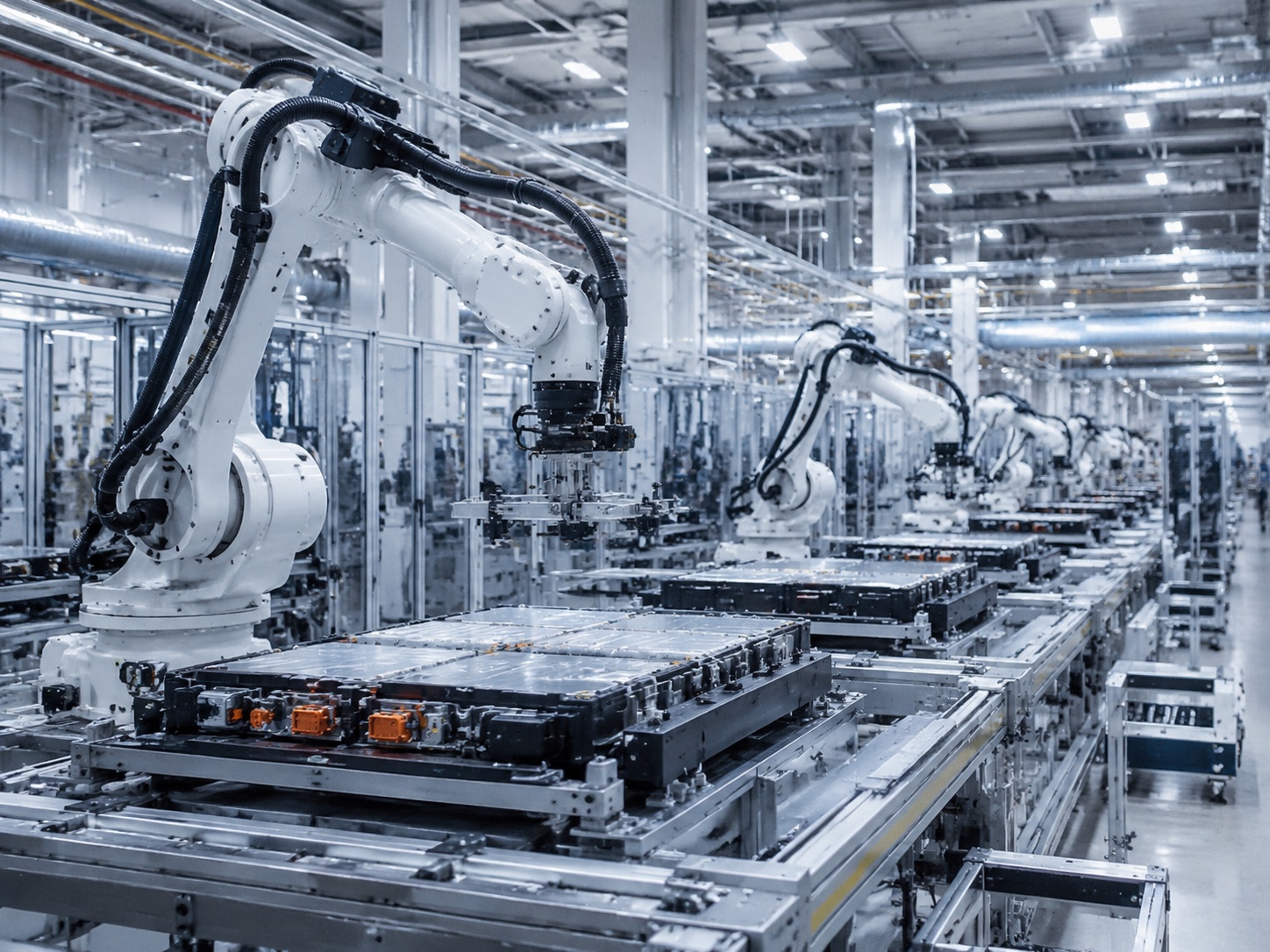 Industrial robot arms on a high-volume electronics and new-energy production line