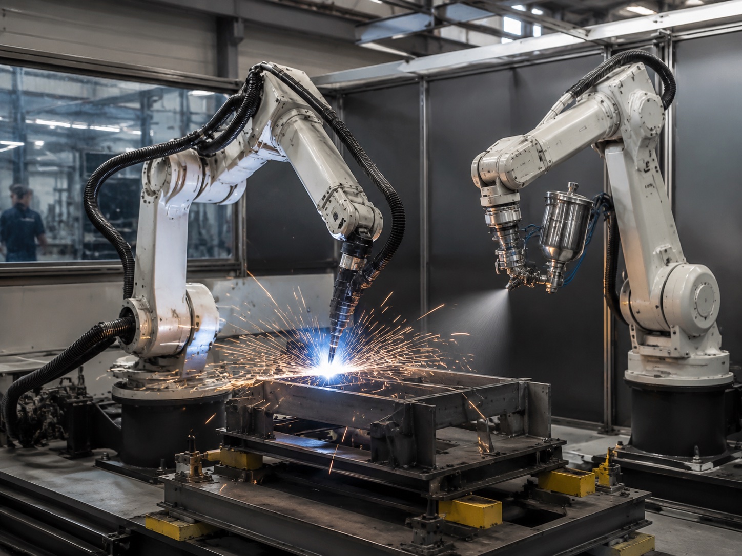 Robotic welding and spray-painting cell with industrial robot arms