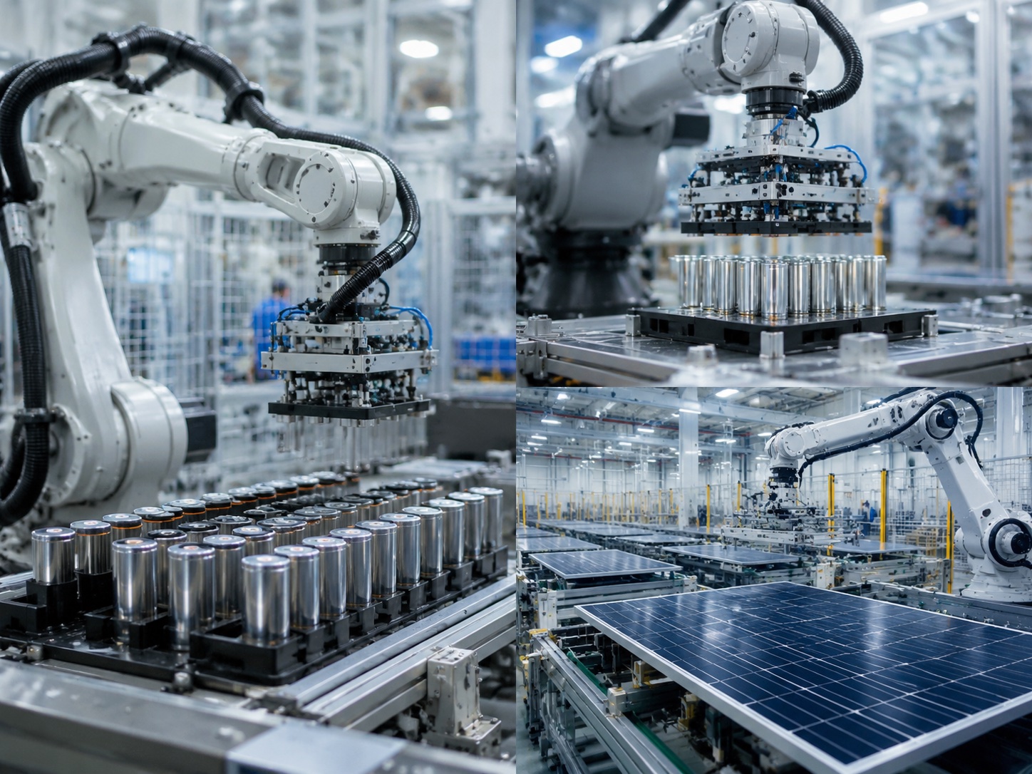 Industrial robots handling lithium battery cells and solar panels
