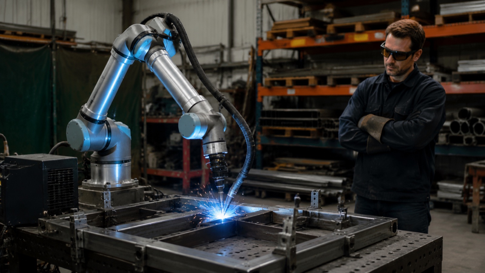 SME welding shop with cobot arm welding steel frame assembly while shop owner observes nearby
