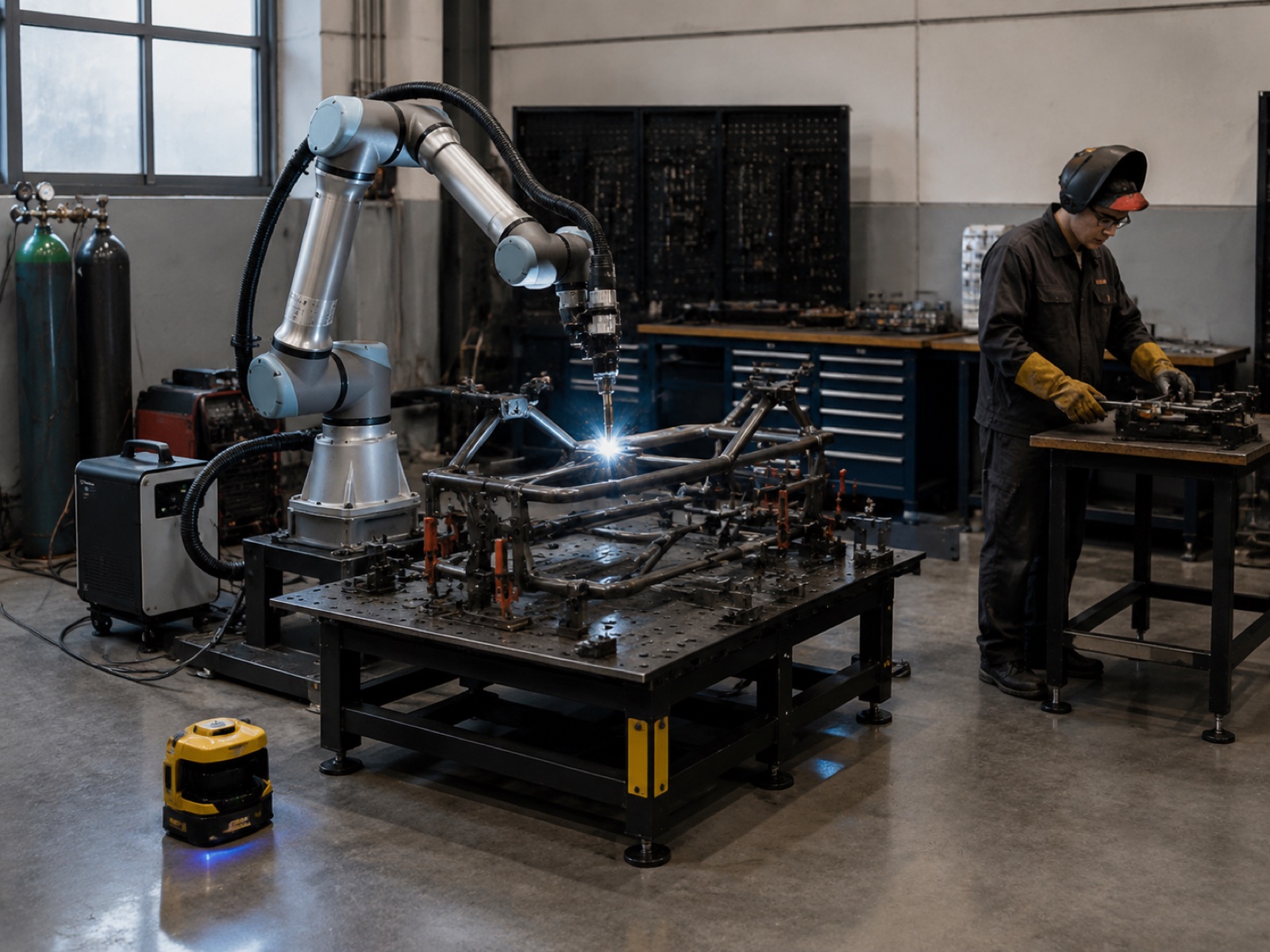 Fenceless cobot welding setup with area safety scanner and operator working nearby without perimeter fencing