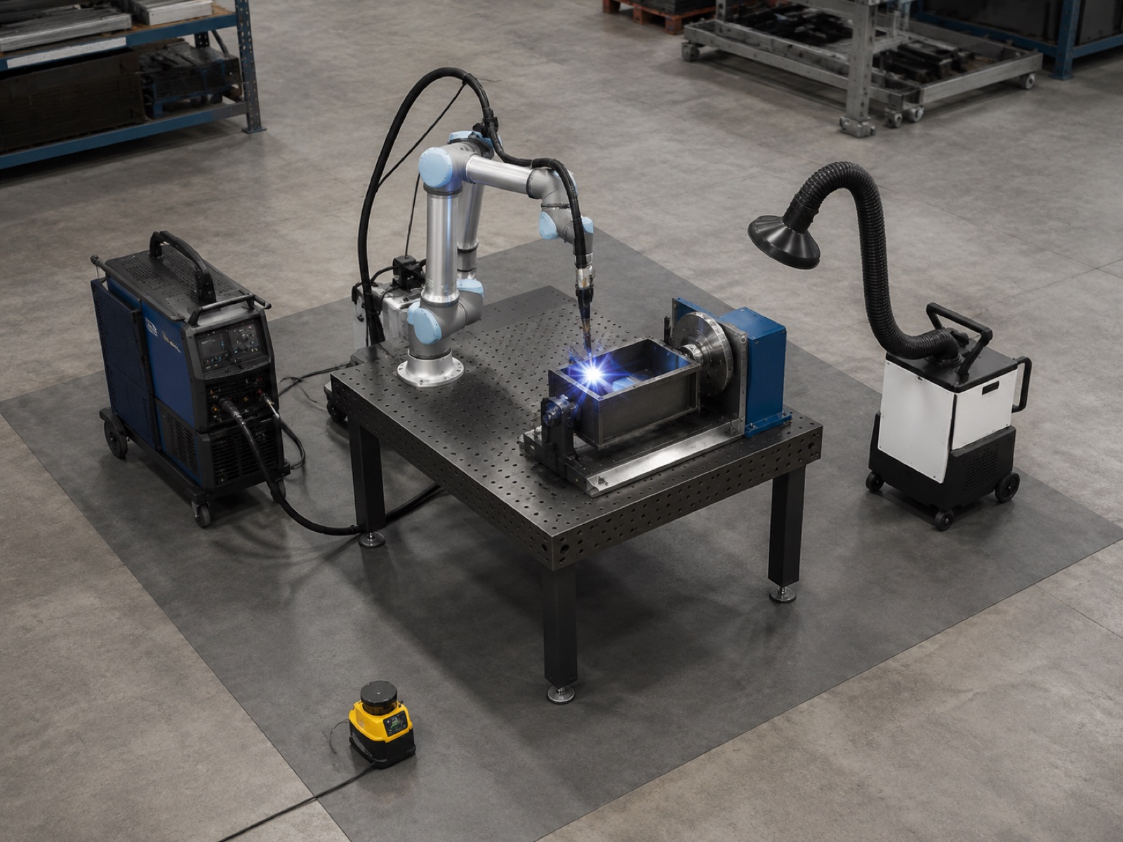 Entry-tier SME cobot welding cell showing full footprint with cobot arm, positioner, power source and safety scanner