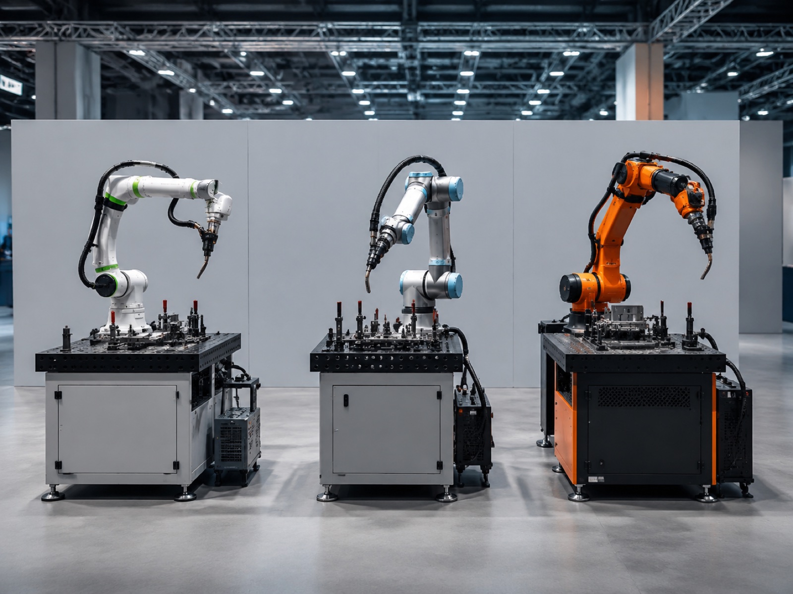 Three different cobot welding cell configurations shown side by side for vendor comparison at SME scale