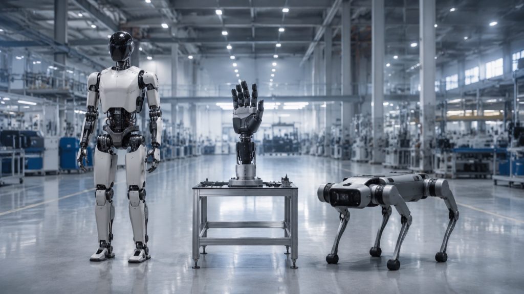 EVST embodied AI product family: industrial humanoid robot, dexterous hand platform, and quadruped inspection robot in a modern factory aisle