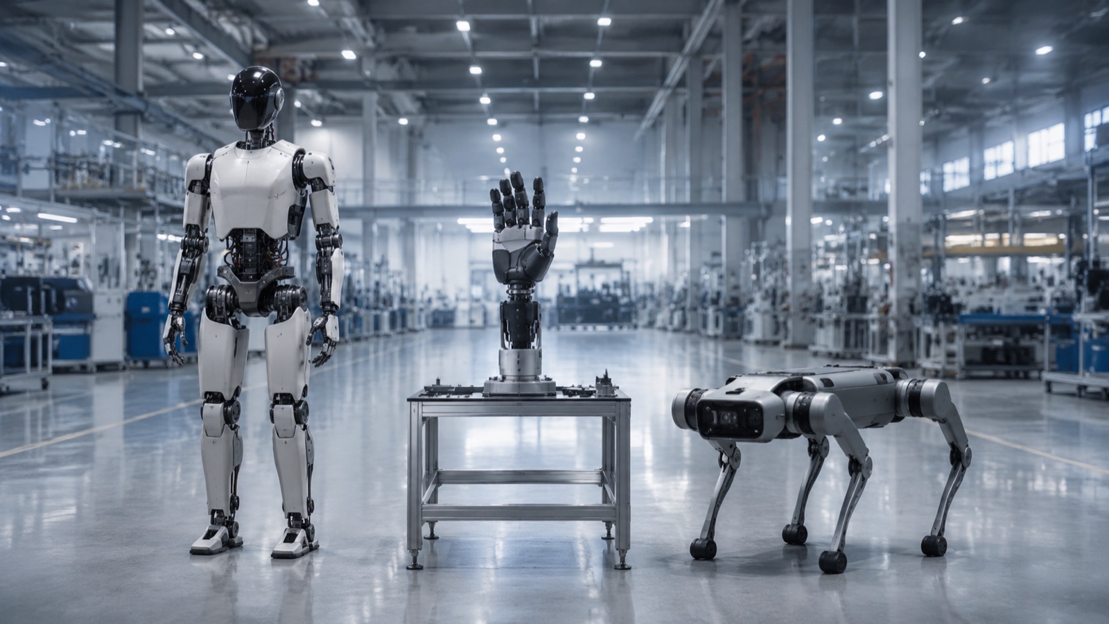 EVST embodied AI product family: industrial humanoid robot, dexterous hand platform, and quadruped inspection robot in a modern factory aisle
