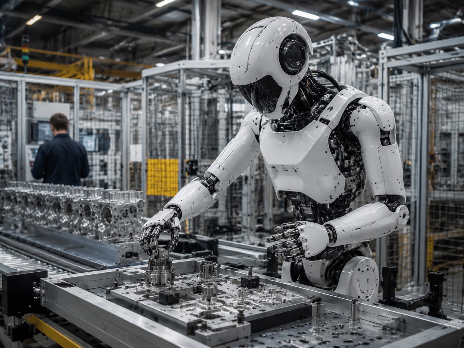 Industrial humanoid robot performing assembly task at a factory workstation with metal components on conveyor