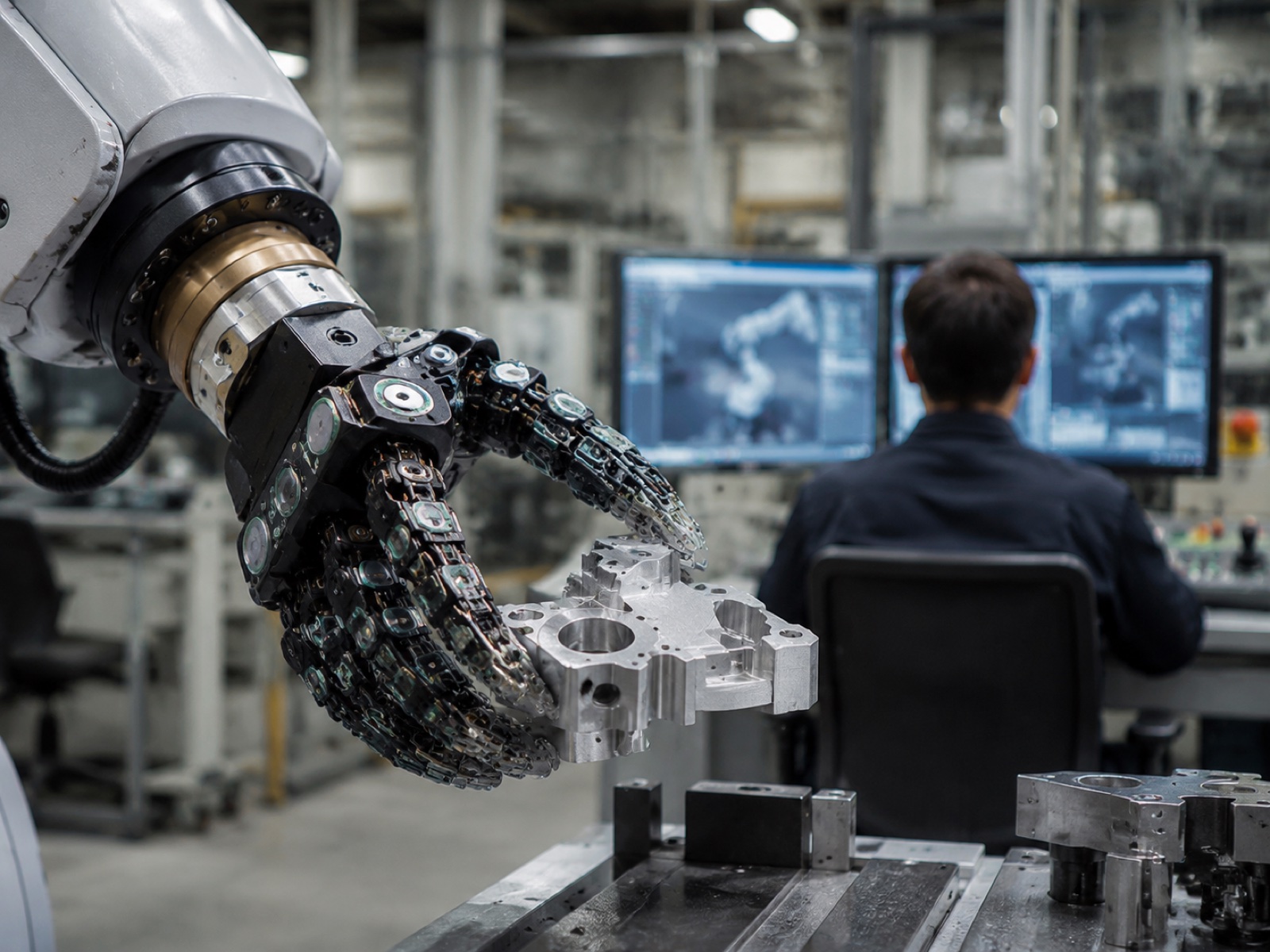 Multi-DoF dexterous robotic hand with tactile sensors grasping industrial metal workpiece during teleoperation data collection