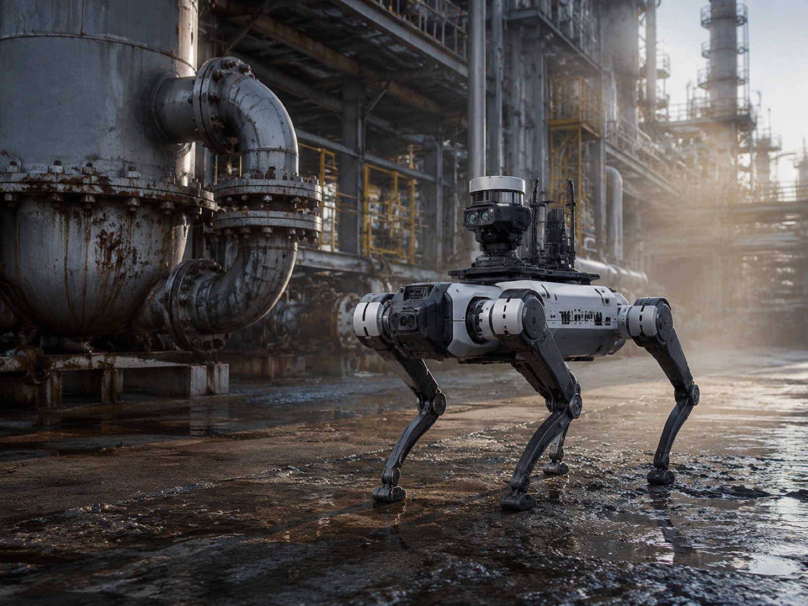 Quadruped inspection robot walking through oil and gas processing facility with pipes and pressure vessels in background