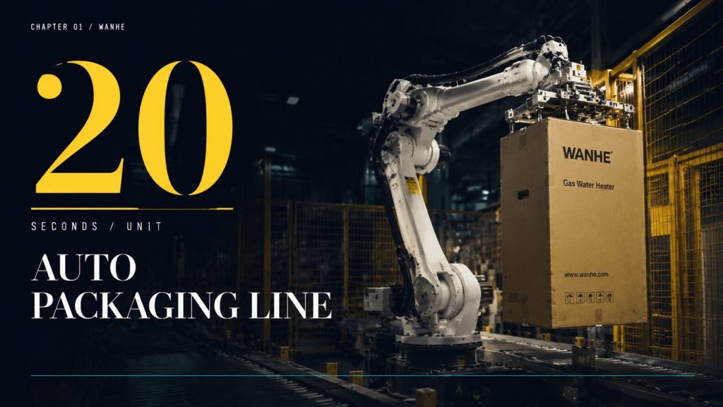 Industrial robot packaging a gas water heater carton on an automated appliance packaging line