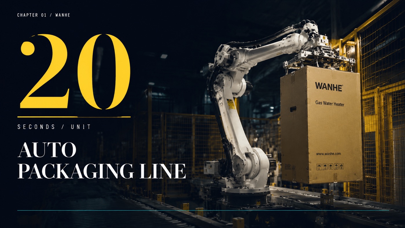 Industrial robot packaging a gas water heater carton on an automated appliance packaging line