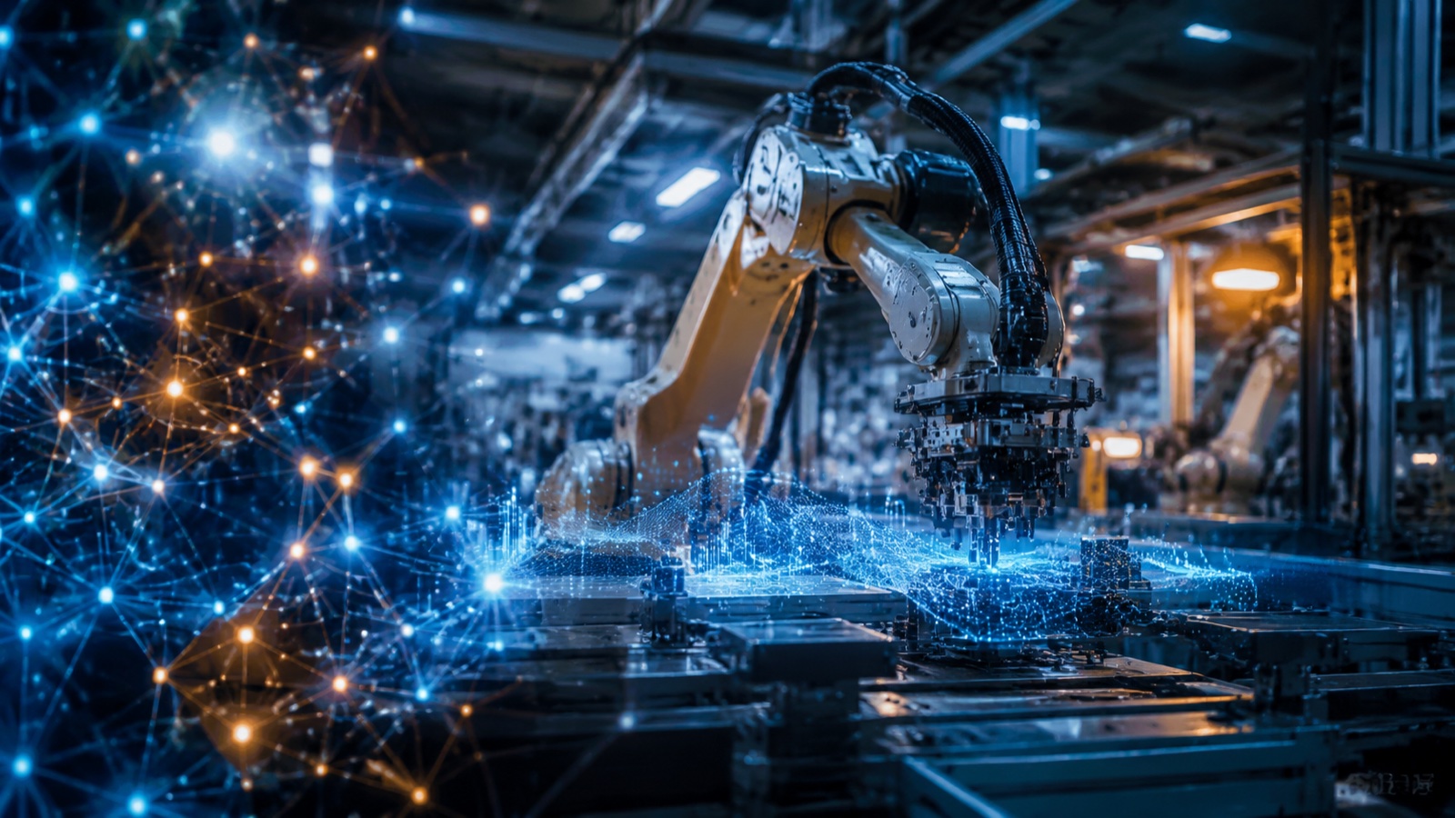 Industrial robot arm with AI neural-network overlay representing generative AI in industrial robotics