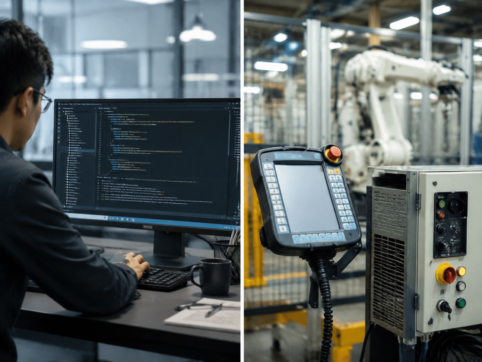 Programmer at workstation with robot code editor alongside a teach pendant and industrial robot controller, illustrating LLM-based robot code generation