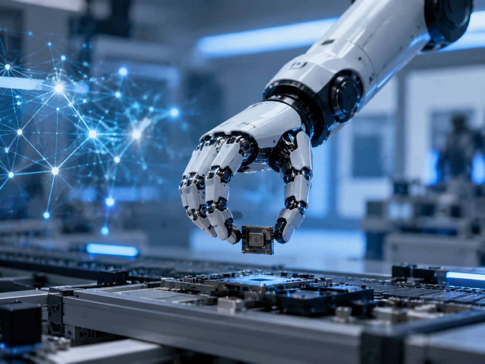 Dexterous robotic hand performing a manipulation task with AI inference overlay, representing VLA foundation model robotics