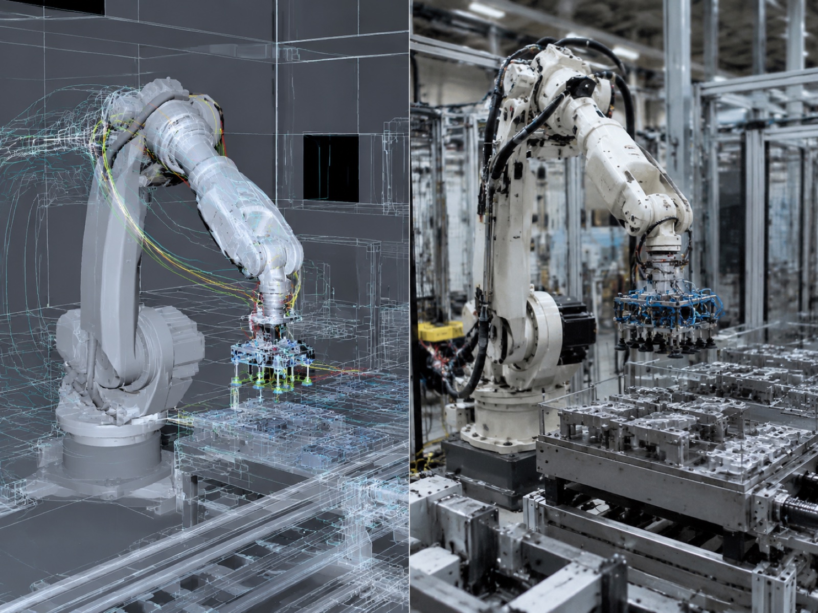 Split-screen comparison of a virtual robot simulation scene and the corresponding physical robot in a factory cell, representing generative simulation for synthetic training data