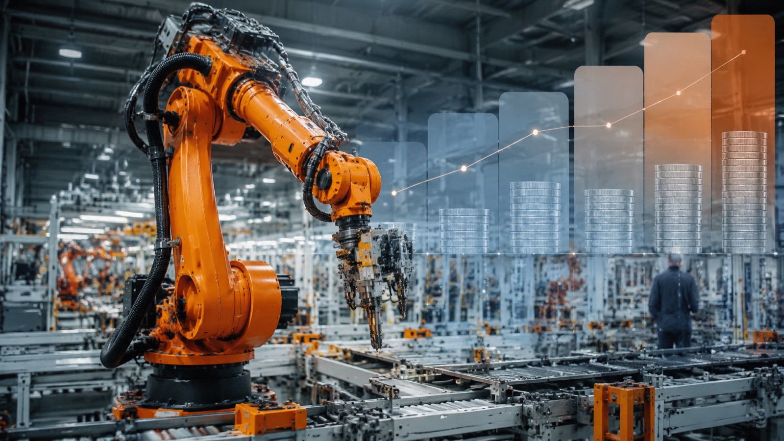 6-axis industrial robot arm on factory floor with cost and pricing overlay concept, 2026 pricing guide