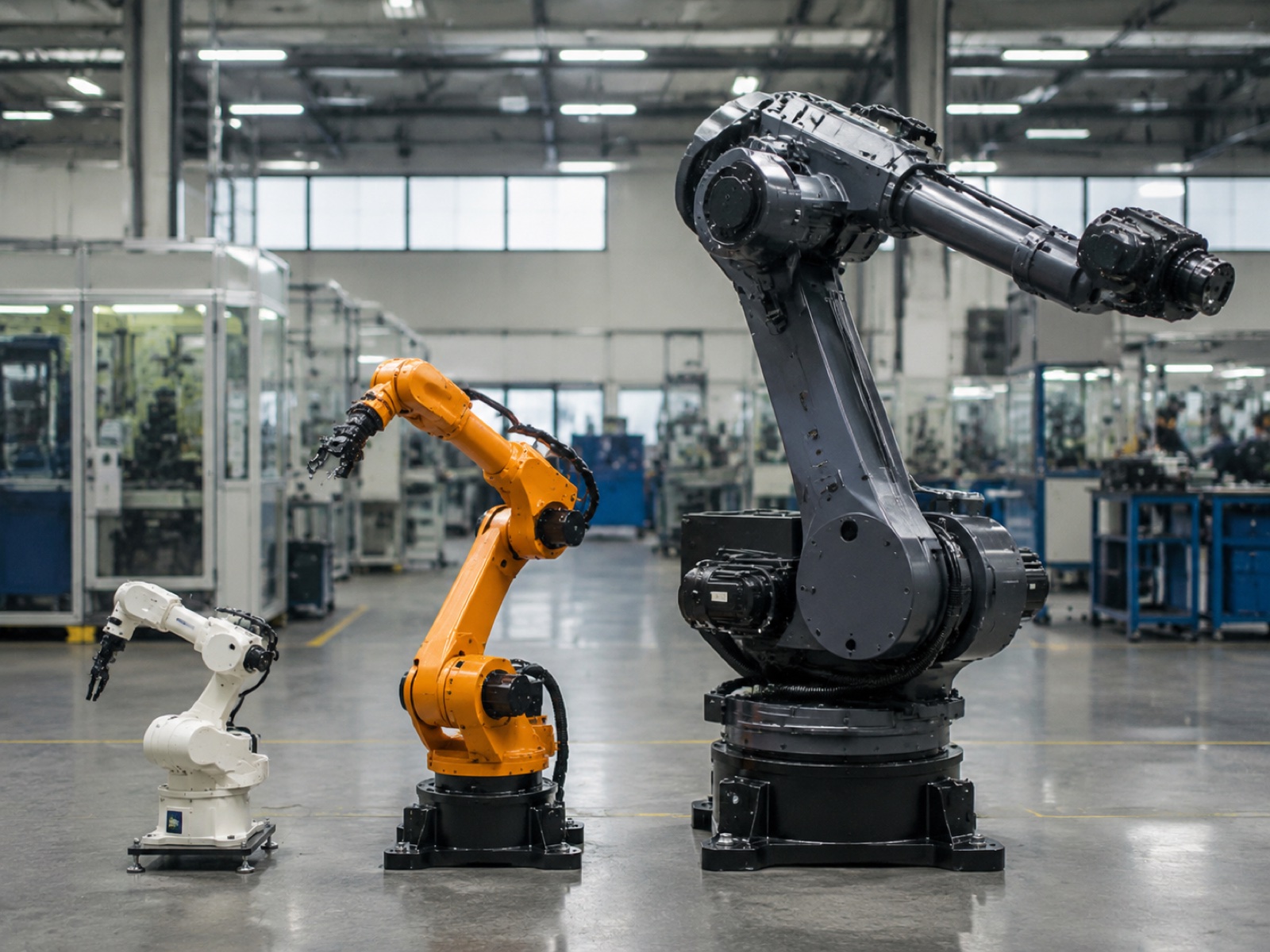 Lineup of small, mid, and heavy-payload industrial robot arms side by side showing payload class scale comparison