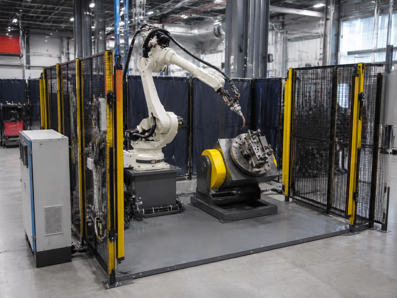 Complete industrial robot cell with arm, positioner, safety enclosure, tooling, and control cabinet visible