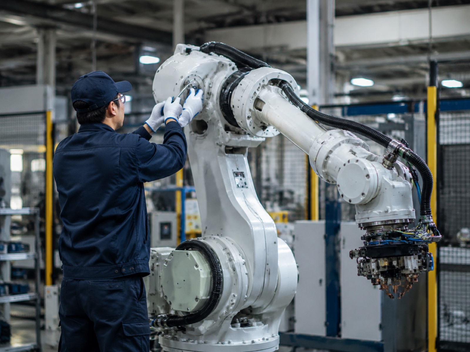 Service engineer performing maintenance on an industrial robot arm, representing 7-year TCO and ongoing servicing costs