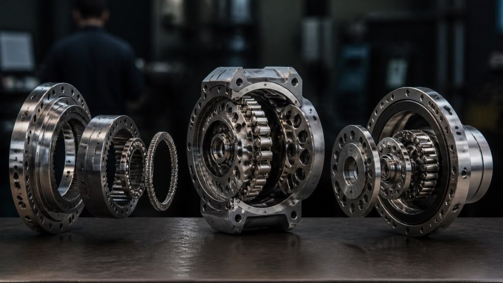 Exploded view of three industrial robot reducer types — harmonic gear, RV reducer, and cycloidal drive — showing precision machined metal components