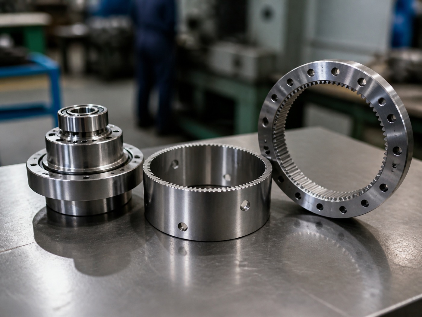Close-up of harmonic gear strain wave components — wave generator, flexspline and circular spline — showing precision tooth profiles