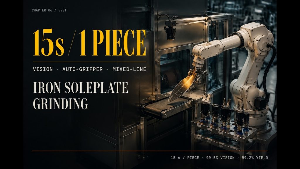 Vision-guided iron soleplate grinding line with six-axis robot picking, auto gripper change, and enclosed dust extraction