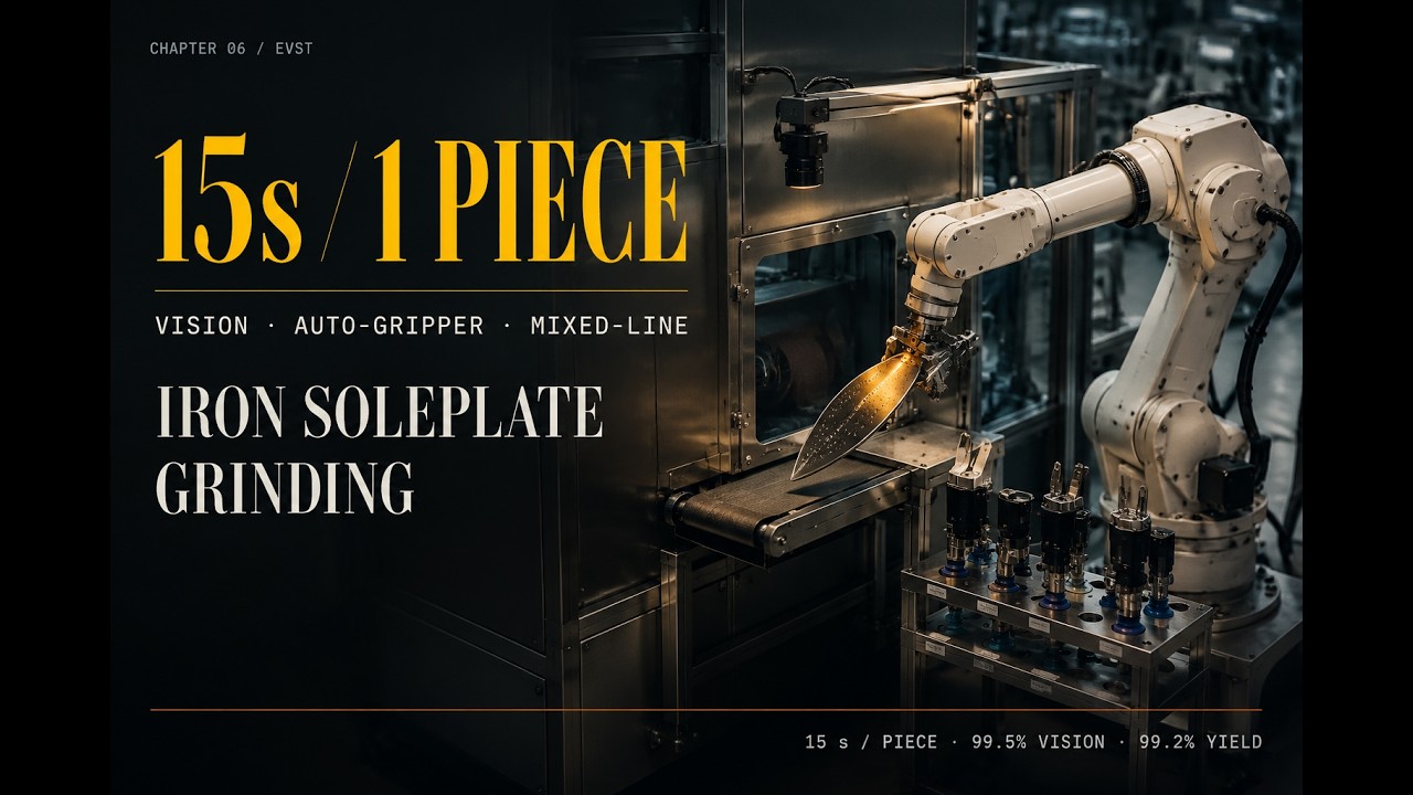 Vision-guided iron soleplate grinding line with six-axis robot picking, auto gripper change, and enclosed dust extraction
