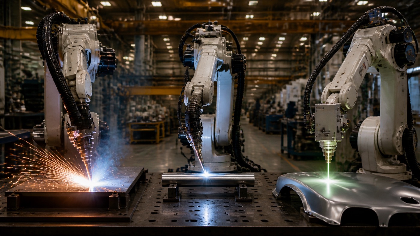 Three industrial robotic welding arms performing MIG, TIG and laser welding side by side on a factory floor