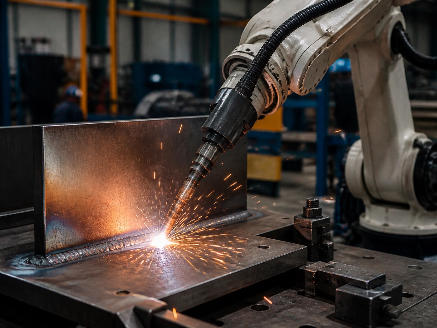 Robotic MIG GMAW welding torch on a 6-axis arm producing a fillet weld on structural steel plate