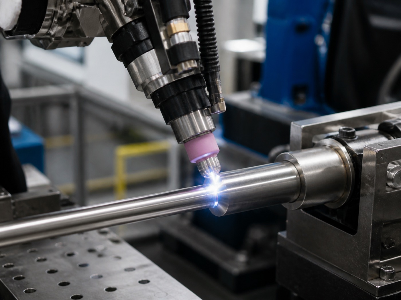 Robotic TIG GTAW welding torch with tungsten electrode producing a clean precise arc on stainless steel tubing