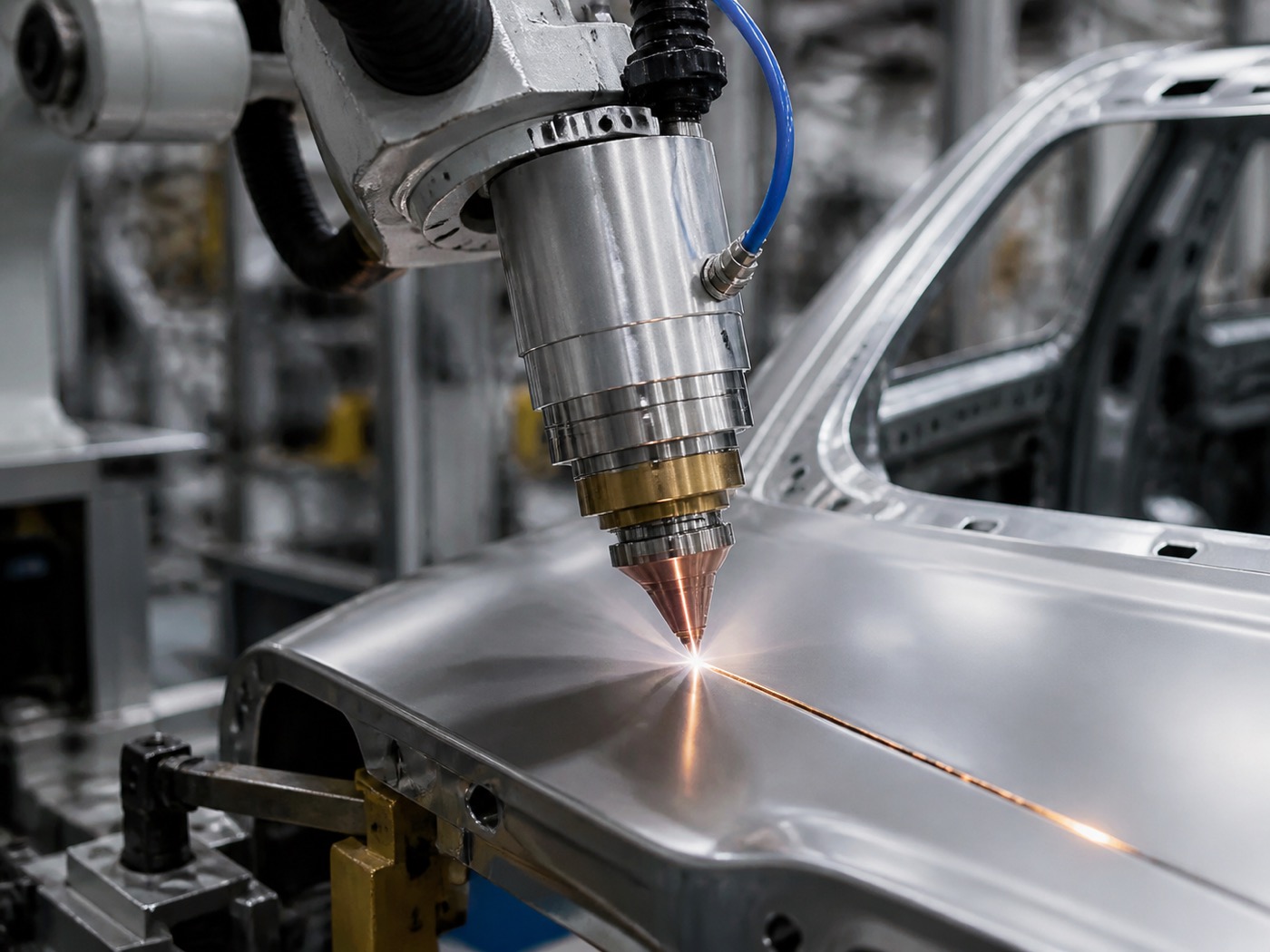 Robotic laser welding optics head directing a focused fiber laser beam onto an automotive body panel seam
