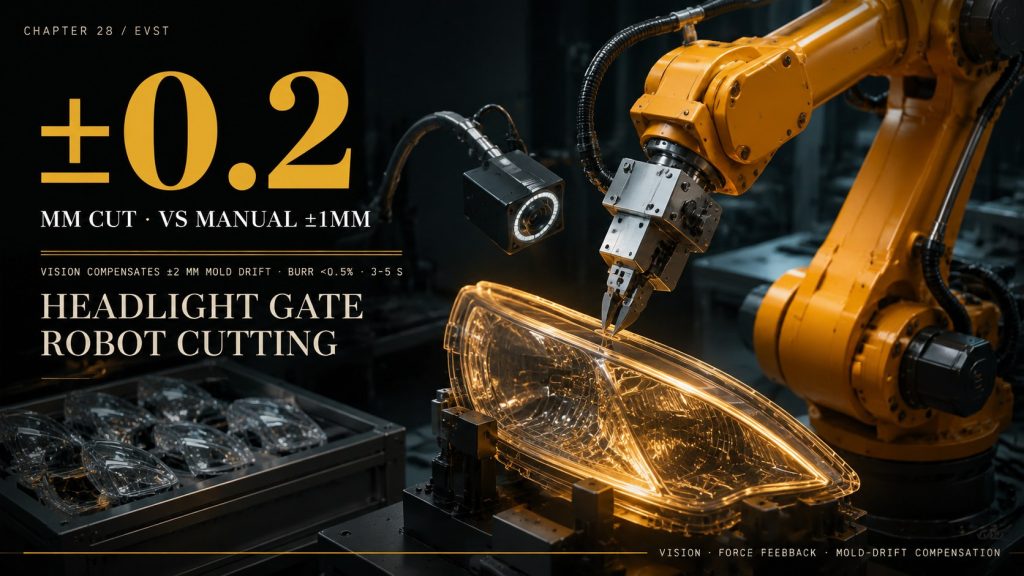 Headlight Gate Residue Becomes Light Leak and Rattle on the Vehicle. As Molds Drift ±2mm, Manual Trimming Can't Hold the Line. Vision-Guided Robot Cutting Can.