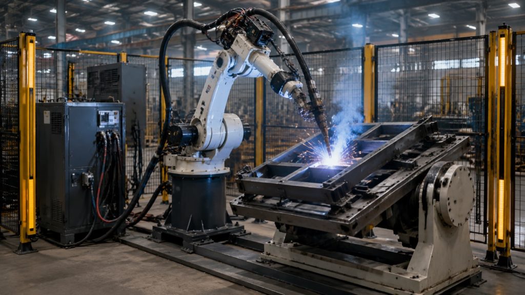 Complete robotic welding cell showing robot arm, power source, positioner and safety enclosure in a factory setting