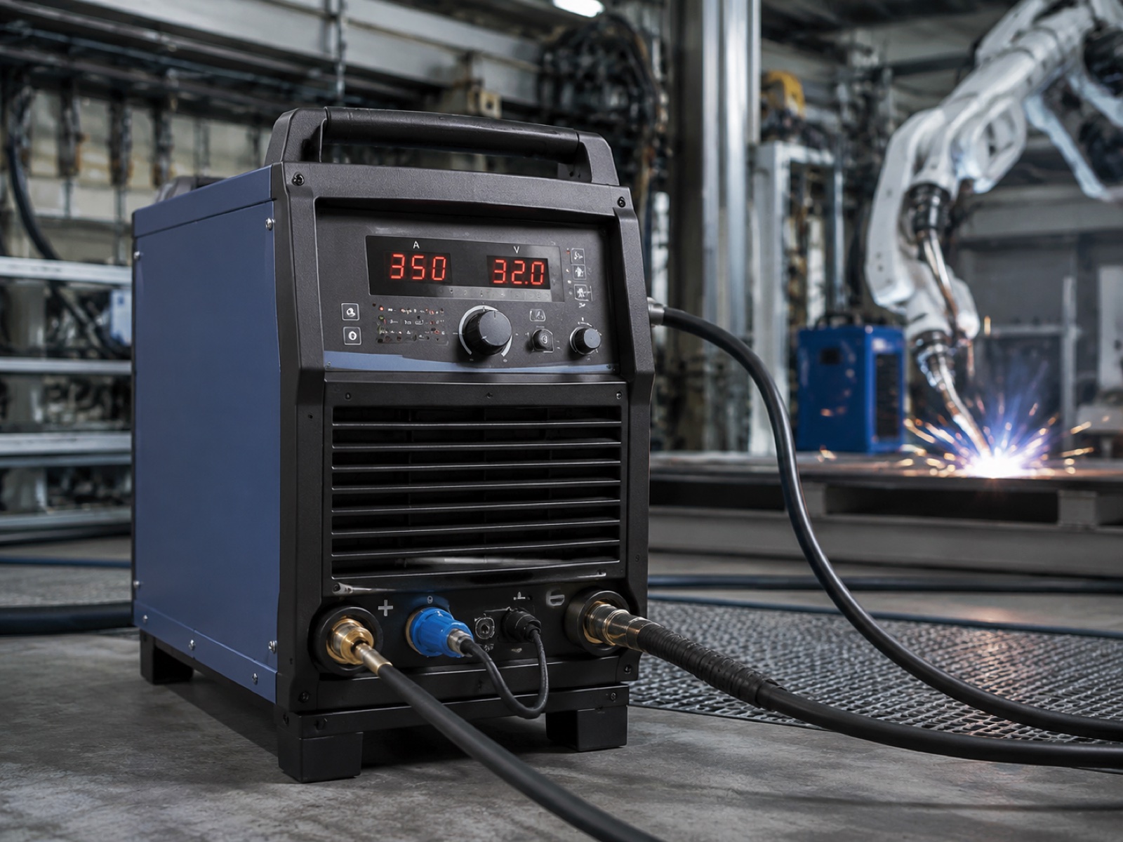 Welding power source unit with control panel and welding cables in a robotic welding cell