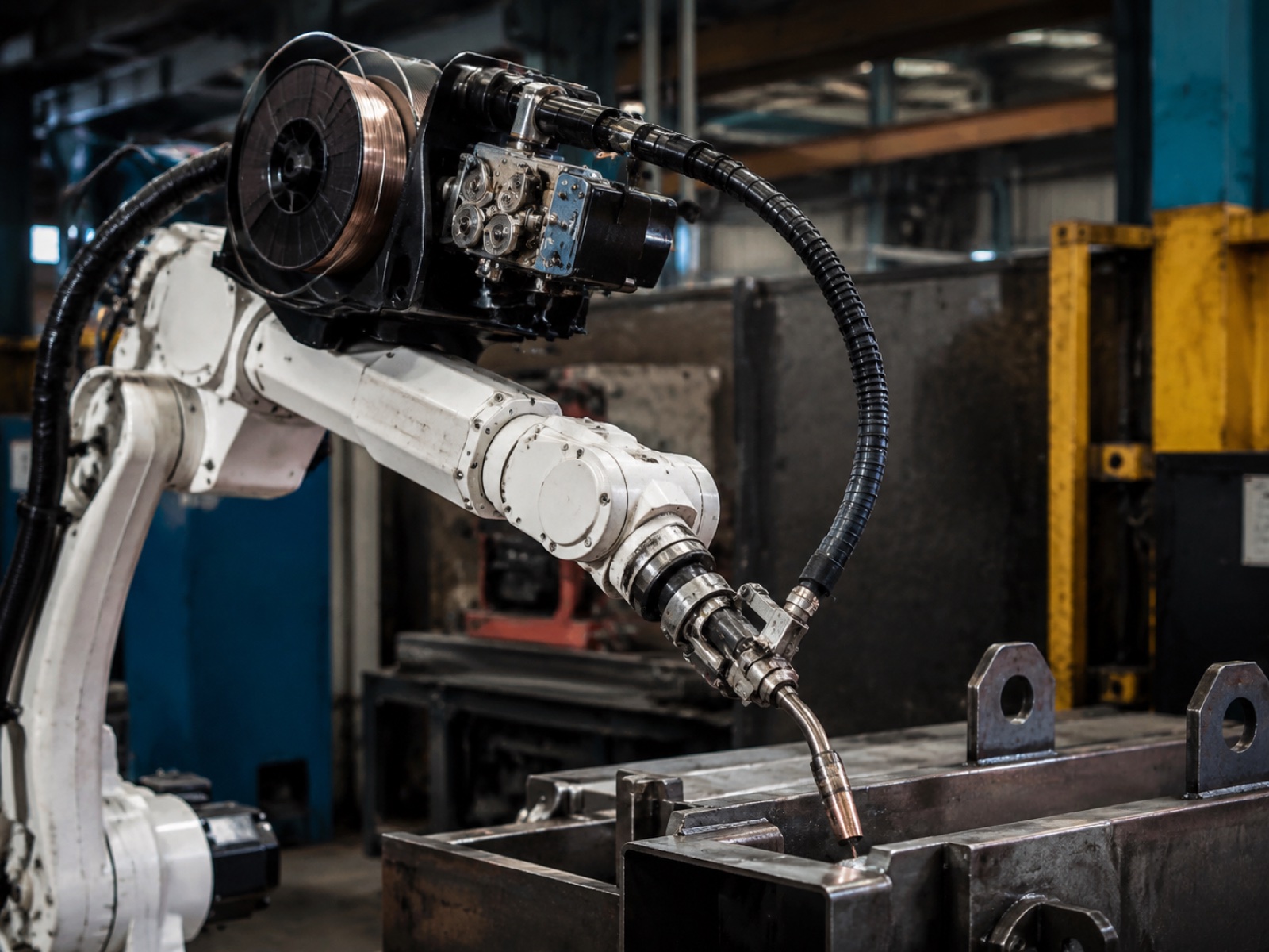 Robot-mounted wire feeder and MIG welding torch on a 6-axis robotic welding arm