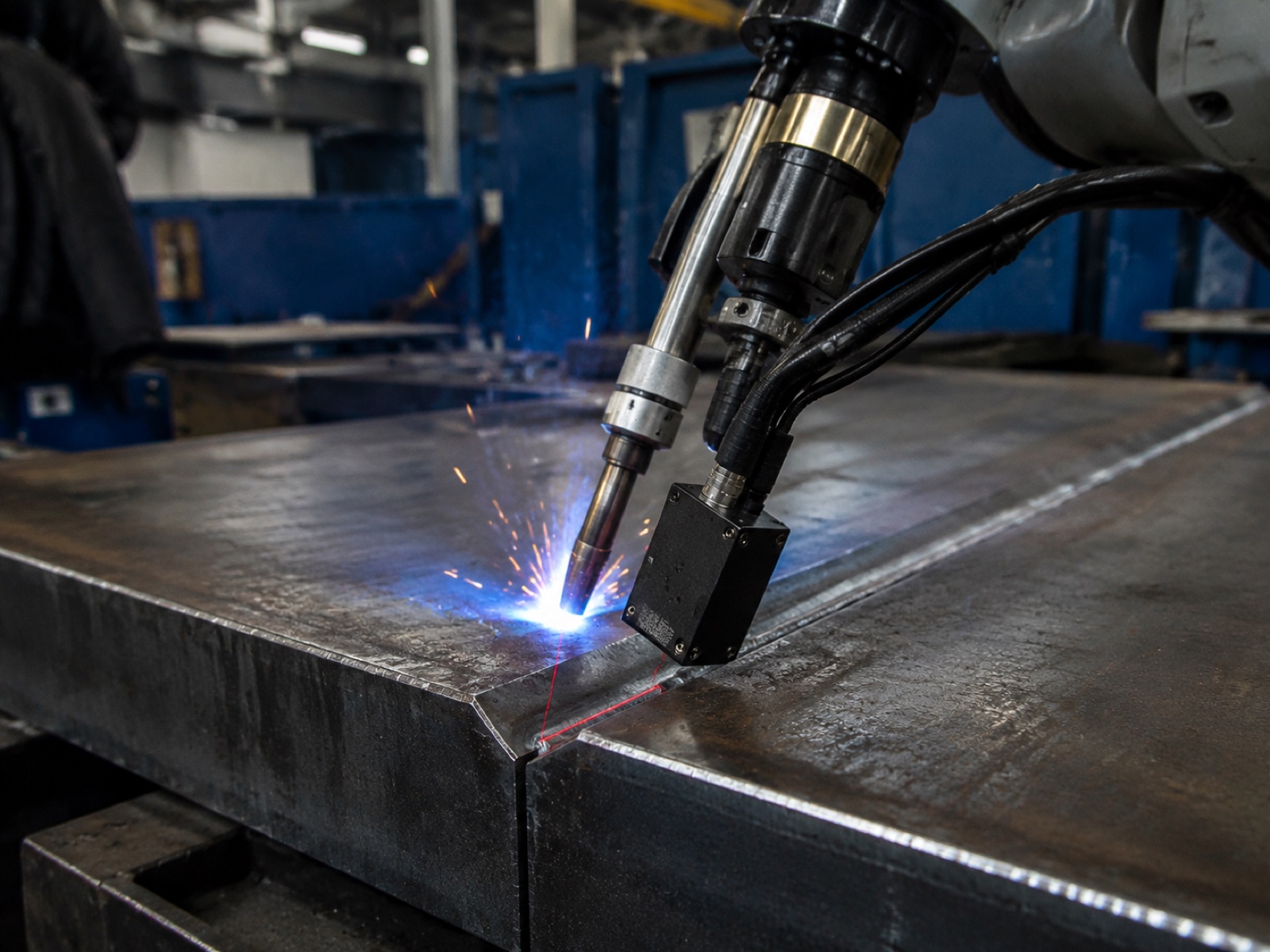 Laser seam tracking sensor projecting a structured-light line across a weld joint on a robotic torch