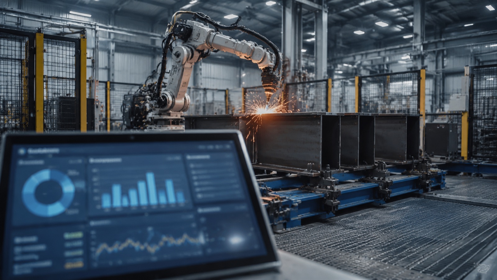 Robotic welding cell on a factory floor with financial ROI dashboard overlay implying investment analysis